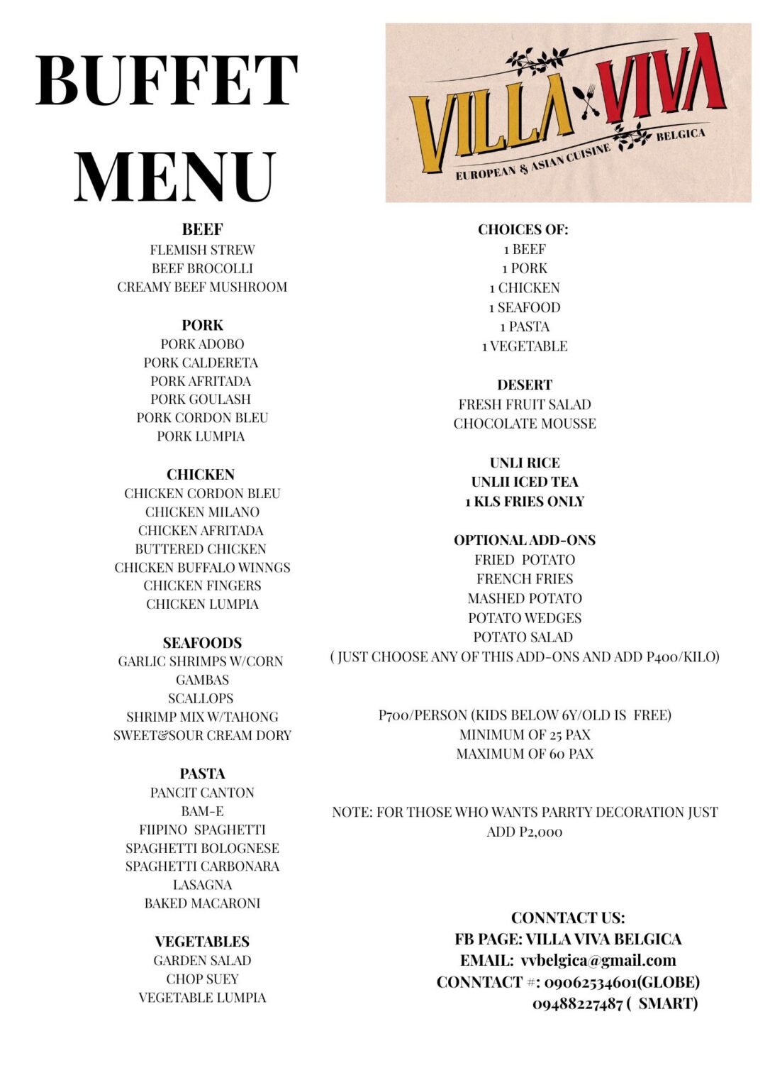 buffet menu villa viva